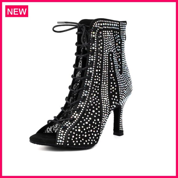 Rhinestone Open Toe Dance Heels 3.5 Inch Satin Suede Sole Ballroom Latin